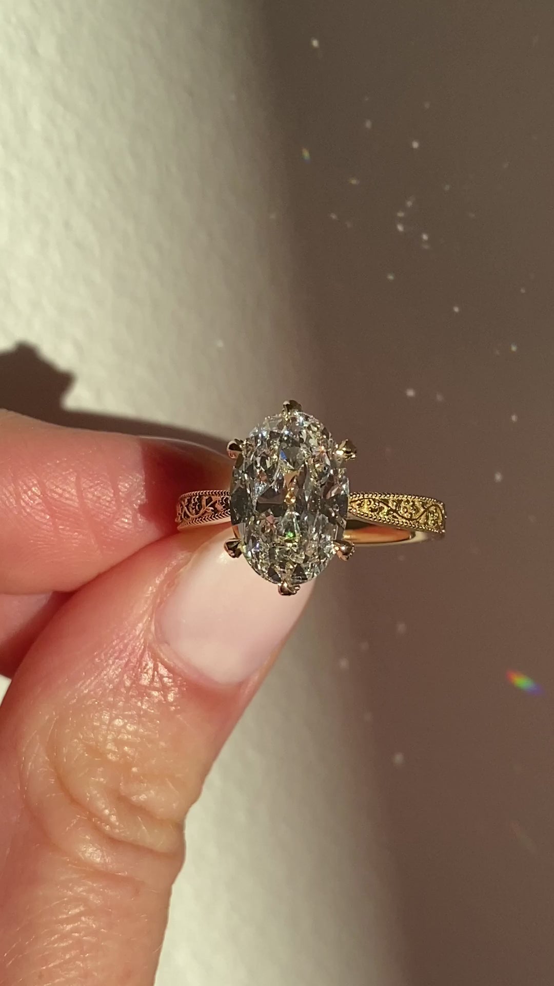 3.0CT Oval Lab Grown Diamond Floral Engraved Hidden Halo Engagement Ring