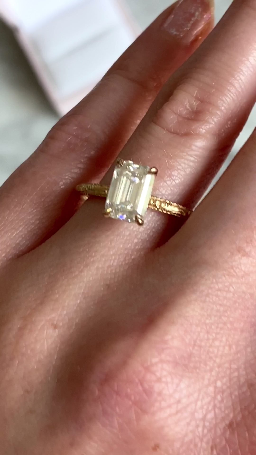 2.0CT Emerald Cut Lab Grown Diamond Scroll Engraved Hidden Halo Engagement Ring