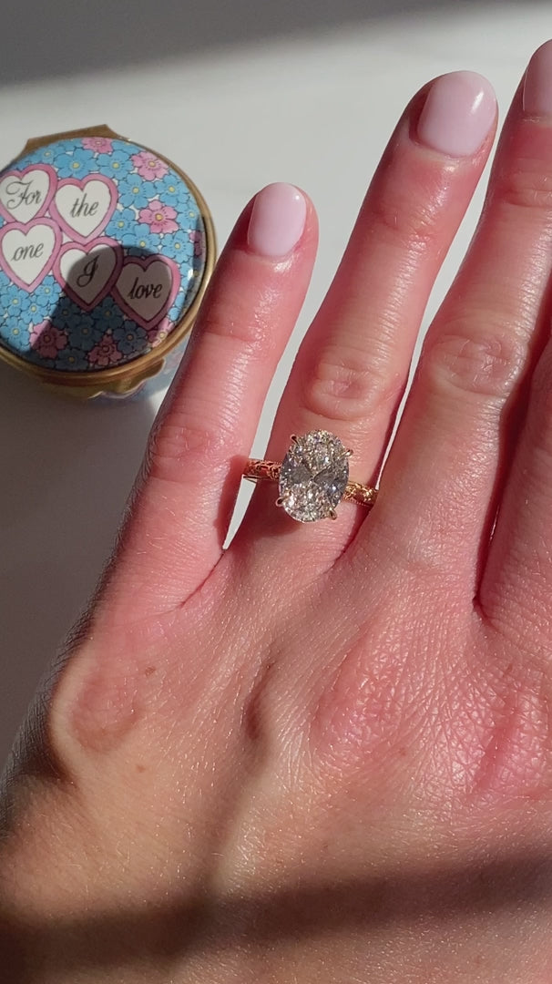 3.0CT Oval Lab Grown Diamond Intricate Floral Hidden Halo Engagement Ring