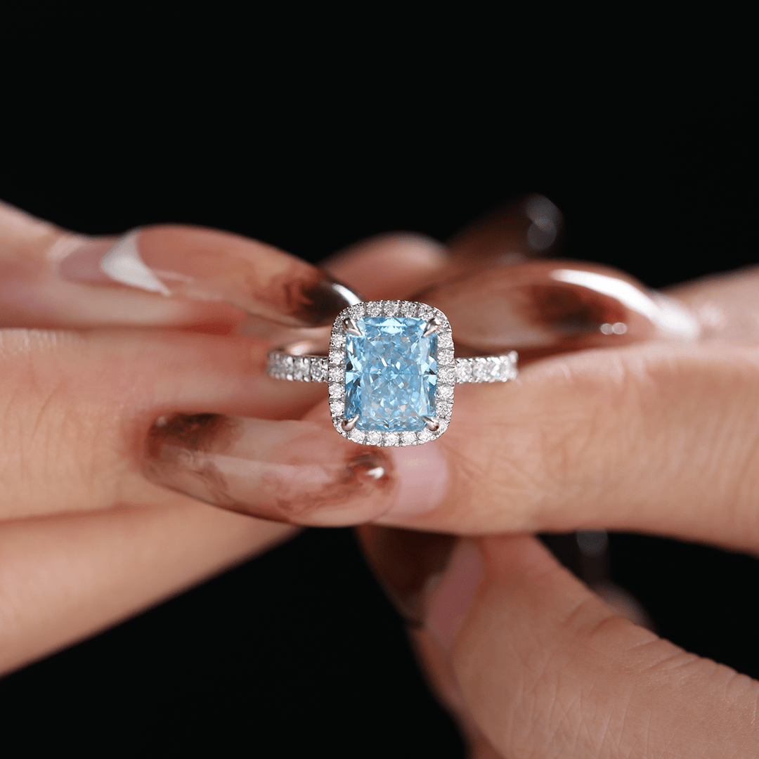 2.50CT Radiant Cut Blue Lab Grown Diamond Halo Pave Engagement Ring