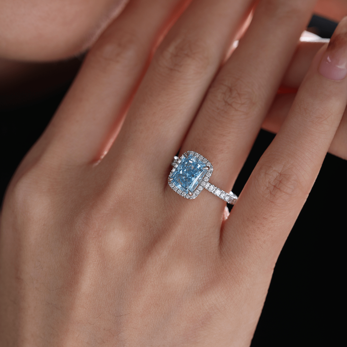 2.50CT Radiant Cut Blue Lab Grown Diamond Halo Pave Engagement Ring