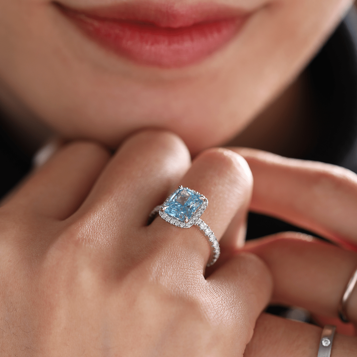 2.50CT Radiant Cut Blue Lab Grown Diamond Halo Pave Engagement Ring