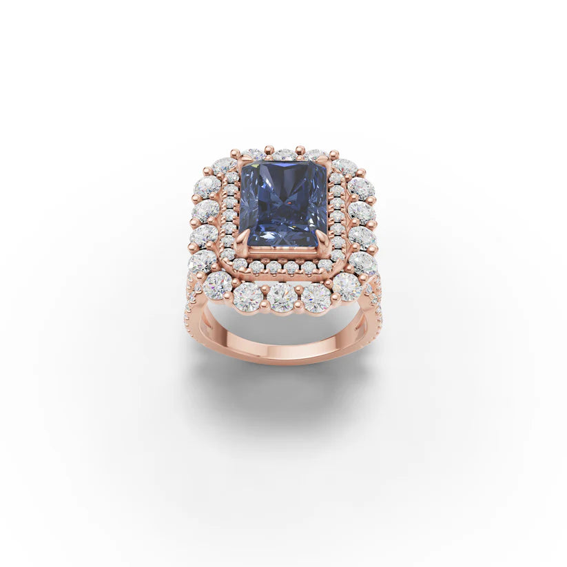 1.0CT Radiant Cut Blue Lab Grown Diamond Double Halo Vintage Engagement Ring