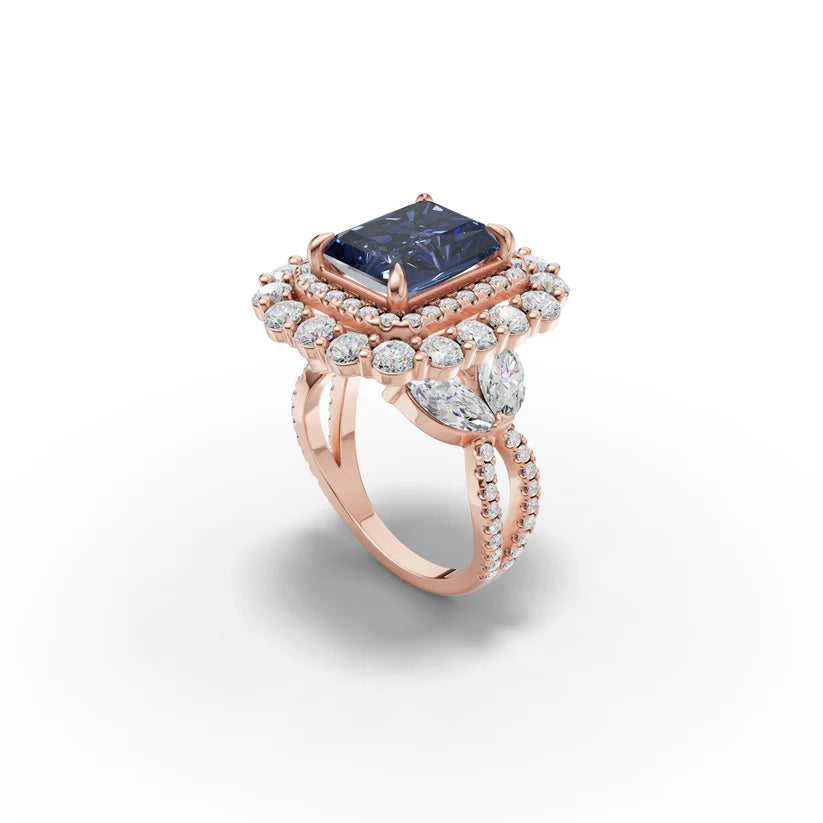 1.0CT Radiant Cut Blue Lab Grown Diamond Double Halo Vintage Engagement Ring