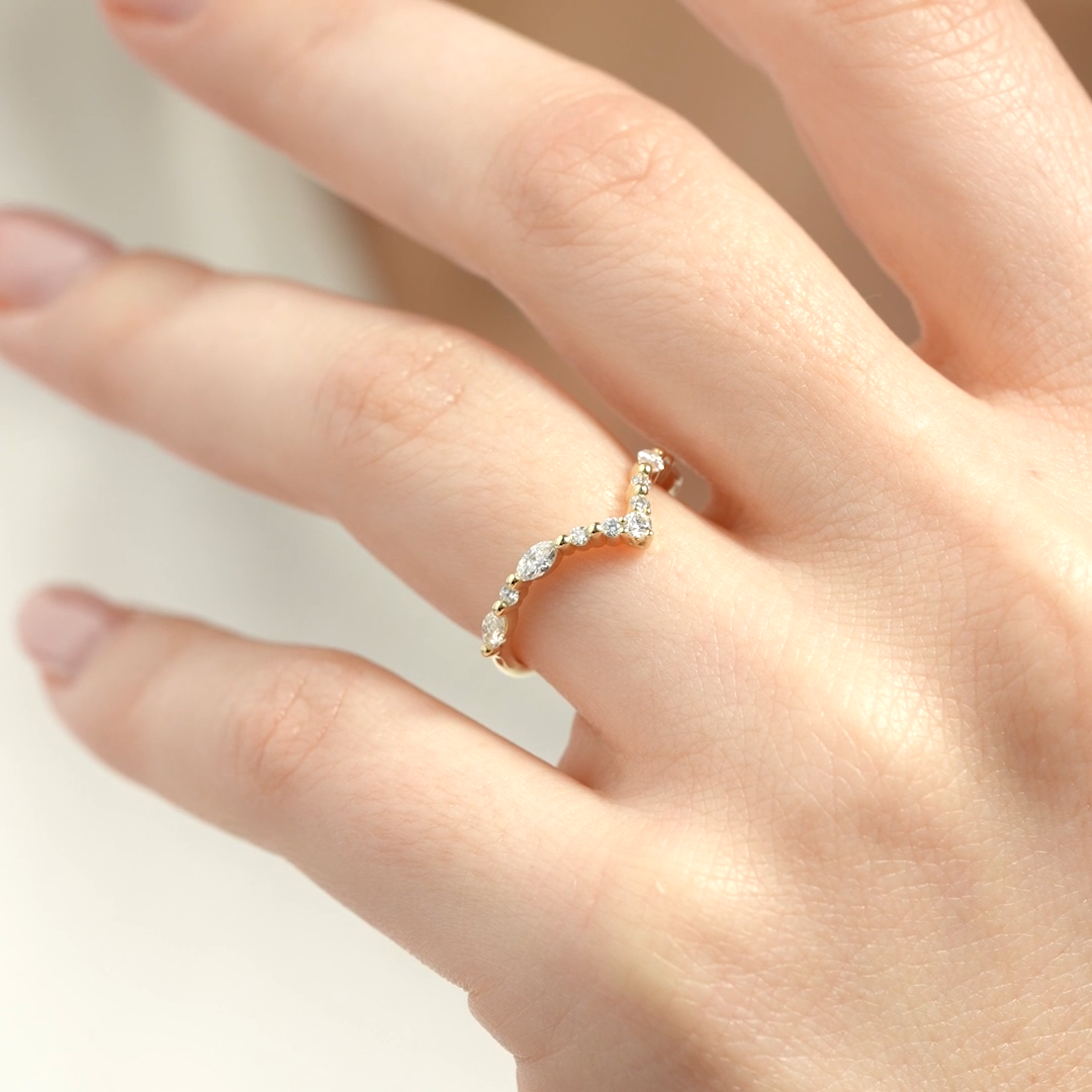 Round And East West Marquise Lab grown Diamond Curved Pave Wedding Band